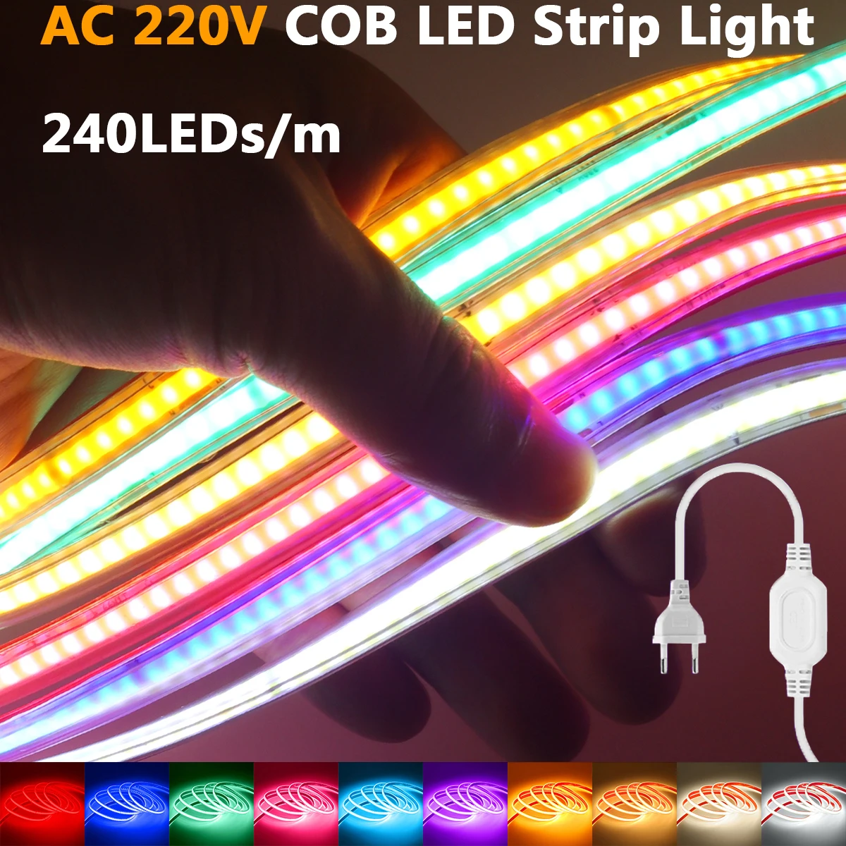 AC 220V EU Plug COB LED Light Strip 240LEDs/m IP65 Waterproof Warm Red Blue Pink Cuttable Flex Bright Linear Lighting Home Decor