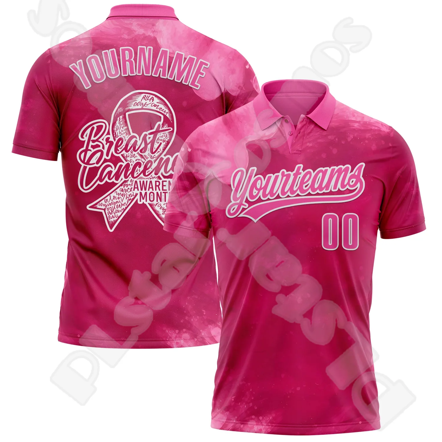 Custom Name Pink Breast Cancer Fighter Vintage Tattoo Multicolor 3DPrint Harajuku Summer Funny Short Sleeve Polo Jersey Shirts 2