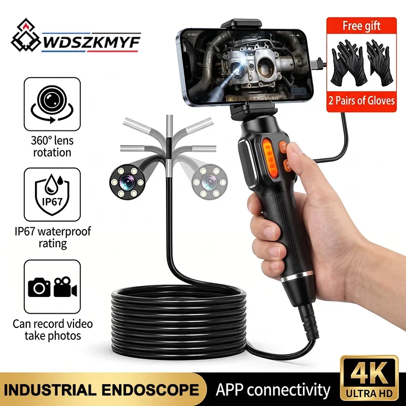 4K UHD 360° Rotatable Articulated Borescope Inspection Camera IP67 Waterproof Automotive Endoscope Camera for iOS Android phone