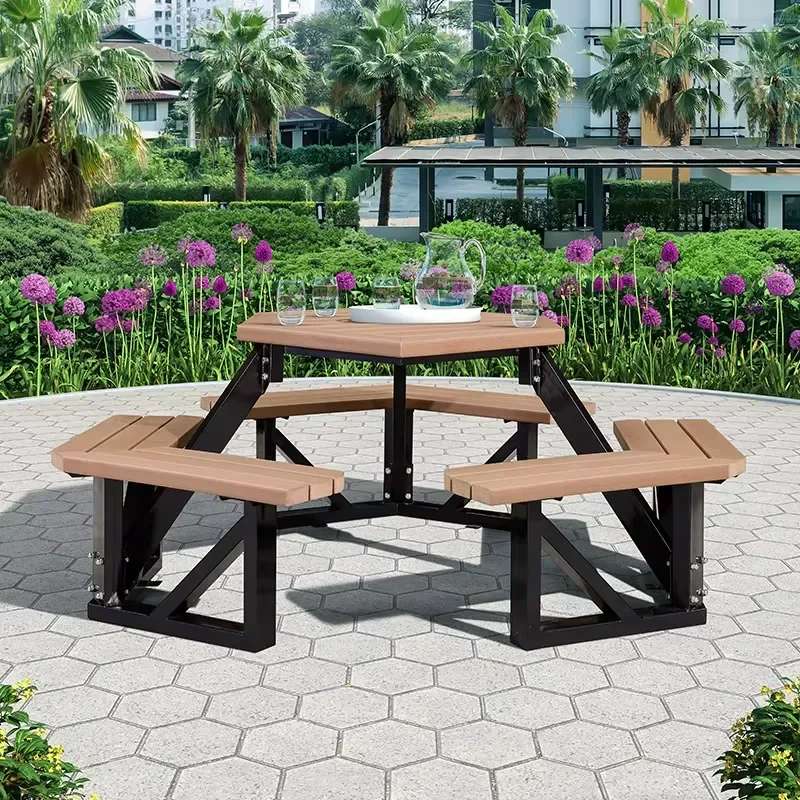 Purple Leaf Modern Leisure Table Chair Set Integrated Solid Wood Seating Umbrella Holder Iron Frame Outdoor Furniture Parks