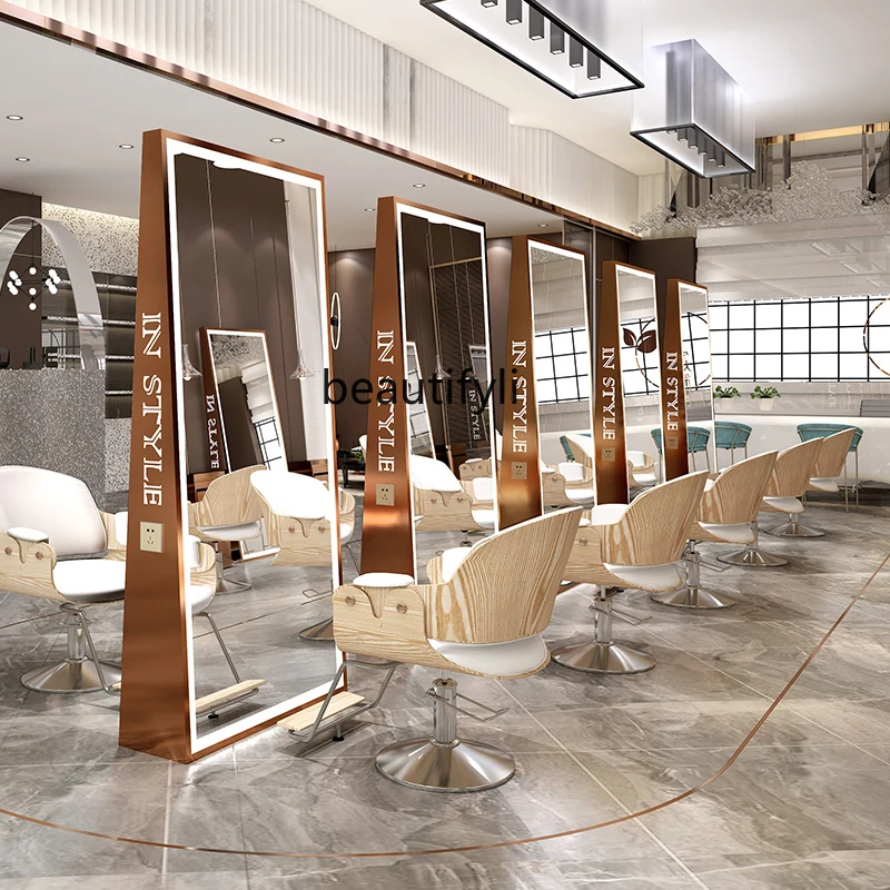 Nordic Barber Shop Dressing Table Stainless Steel Floor Mirror Full-Length Mirror Hairdressing Mirror for Hair Salon