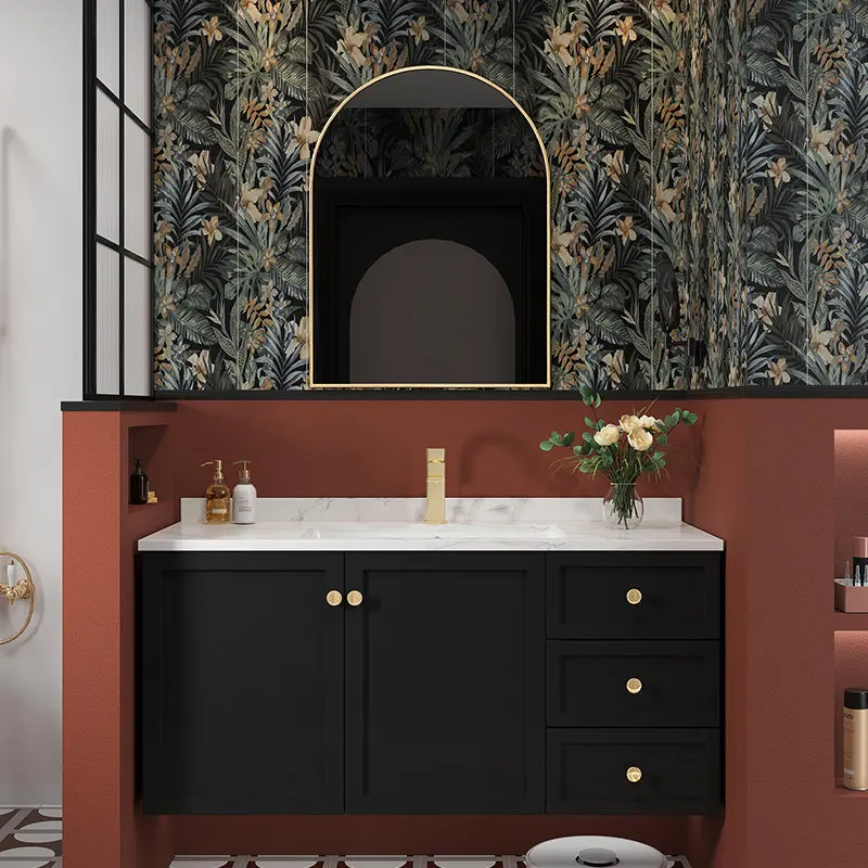 

French-inspired vintage bathroom vanity with integrated ceramic basin and oak washbasin cabinet set
