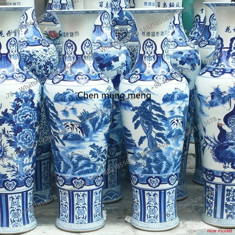 H178Hand-painted floor-to-ceiling large vase underglaze color blue and white landscape flowers and birds large decorative craft