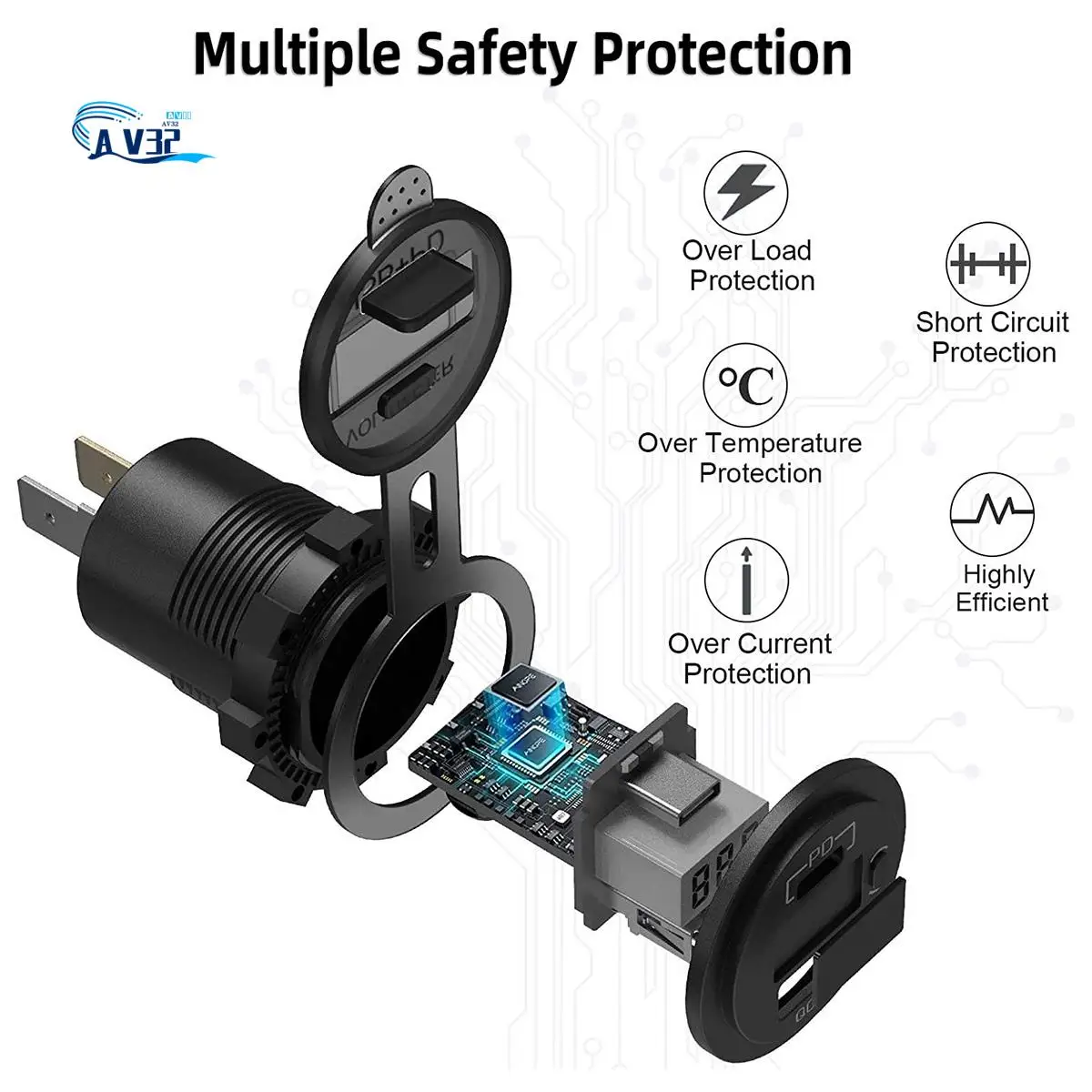 

AV32-Car Dual USB Charger Quick Charge QC 3.0 & PD USB Charger Socket Adapter With Switch Voltmeter For Trucks RV Motorcycle