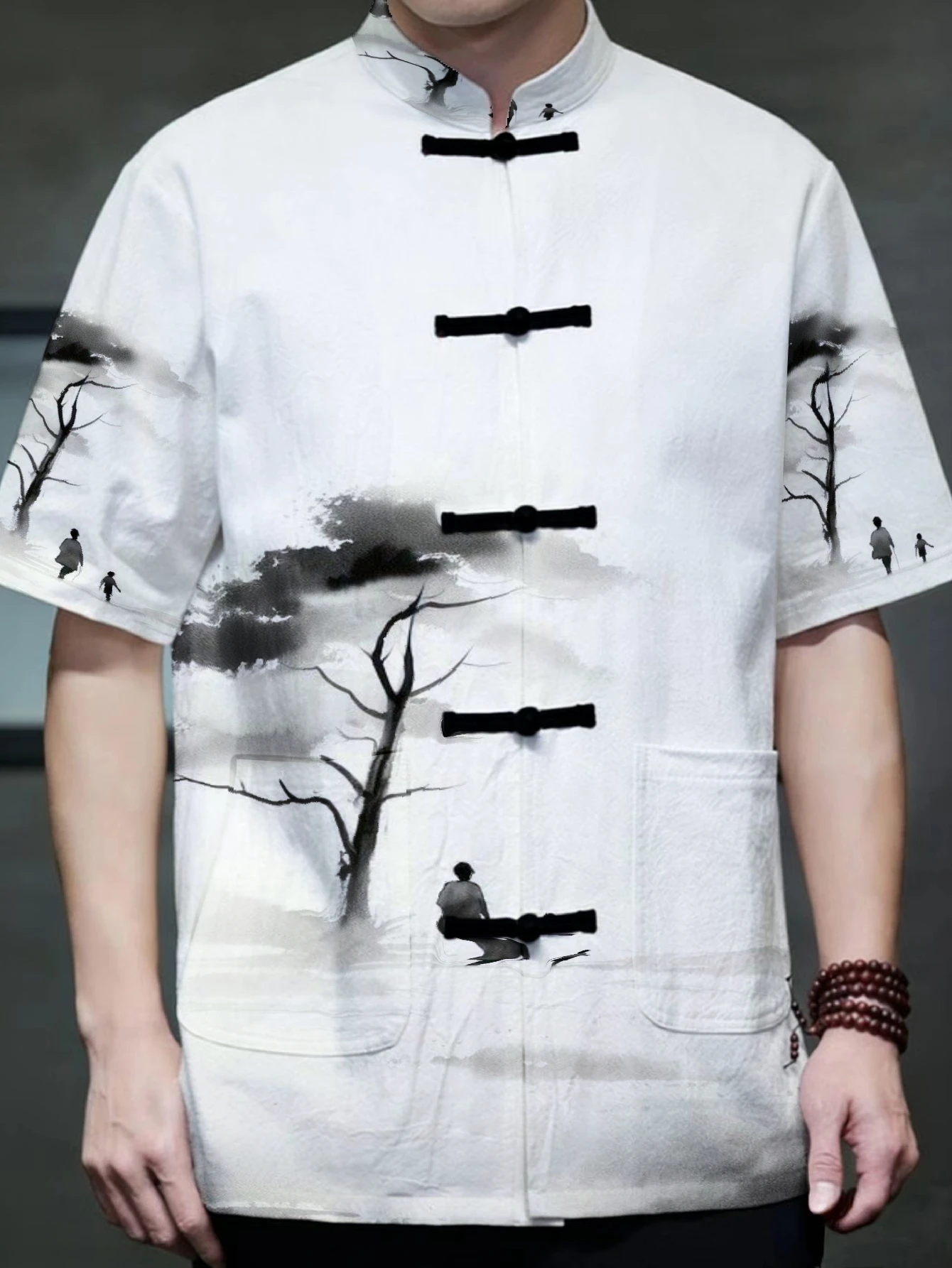 Mens Frog Button Tang Shirt Ink Figure Landscape Print Mandarin Collar Top