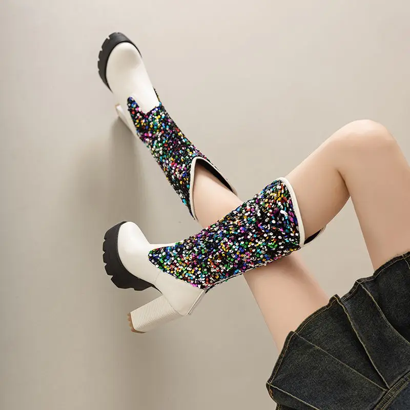 REAVE CAT 2026 تصميم النساء أحذية الركبة جولة تو 11.5 سنتيمتر حذاء بكعب سميك منصة بريق مختلط موضة بوتا حجم كبير 46 47 48