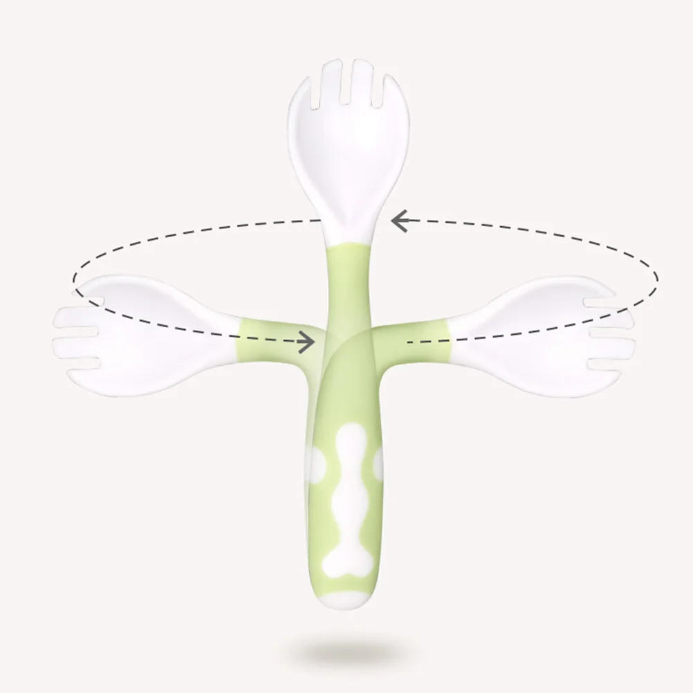 

1 Set Baby Spoon Fork Feeding Tableware 360-degree Bent Set PP Material with Box for Baby Kids (Green)