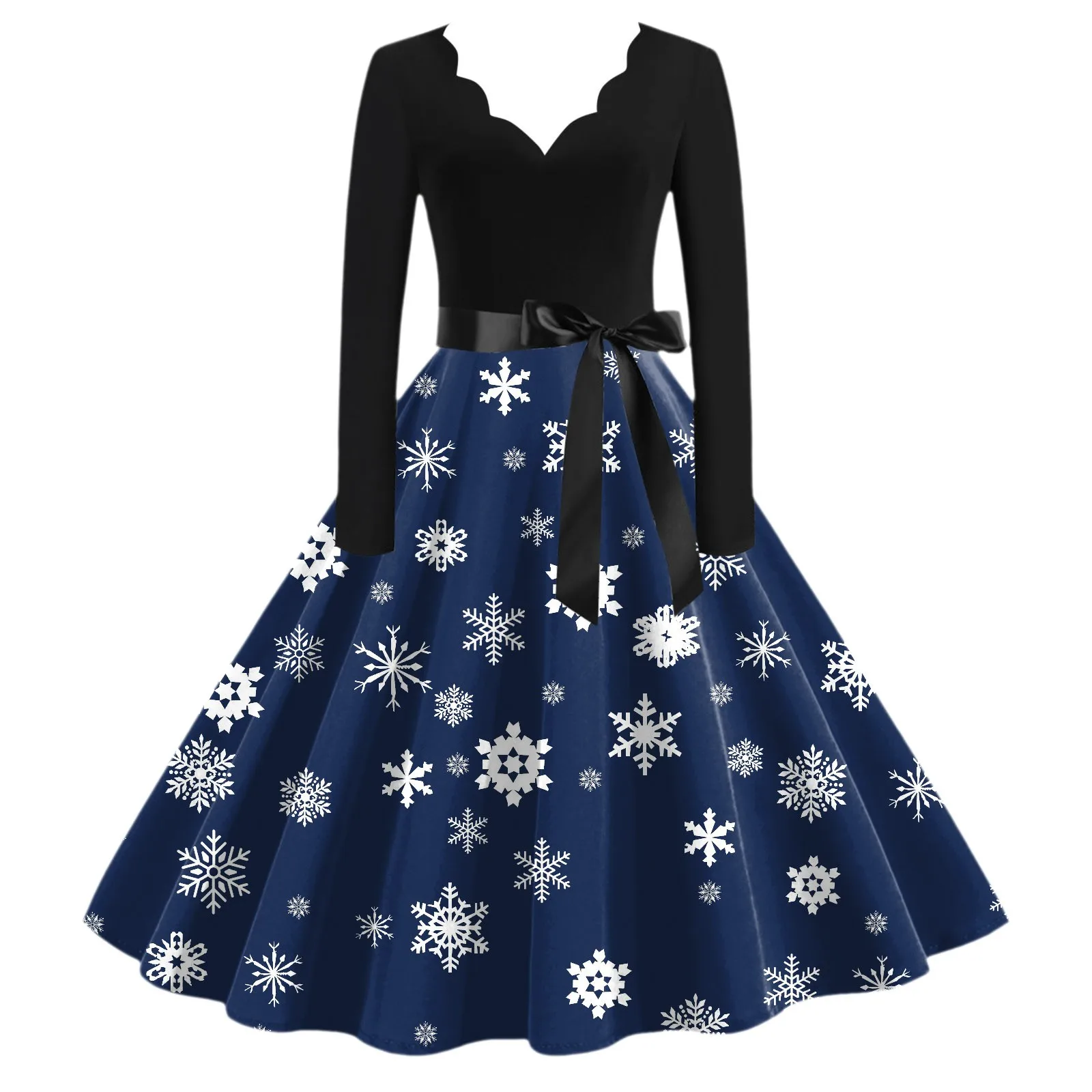 Merry Christmas Women Dress Snowflake Printed Sundress O-Neck High Waist Robe Vintageevening Party Dresses Vestido Navidad