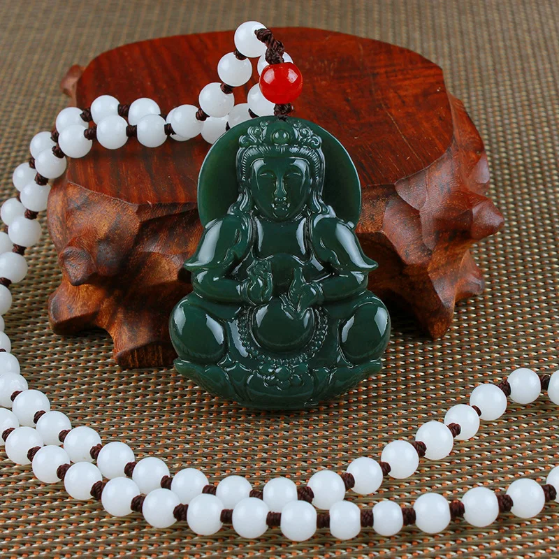 Hetian Blue Jade Guan Yin Men's Holy-Water Vase Guanyin Pendant