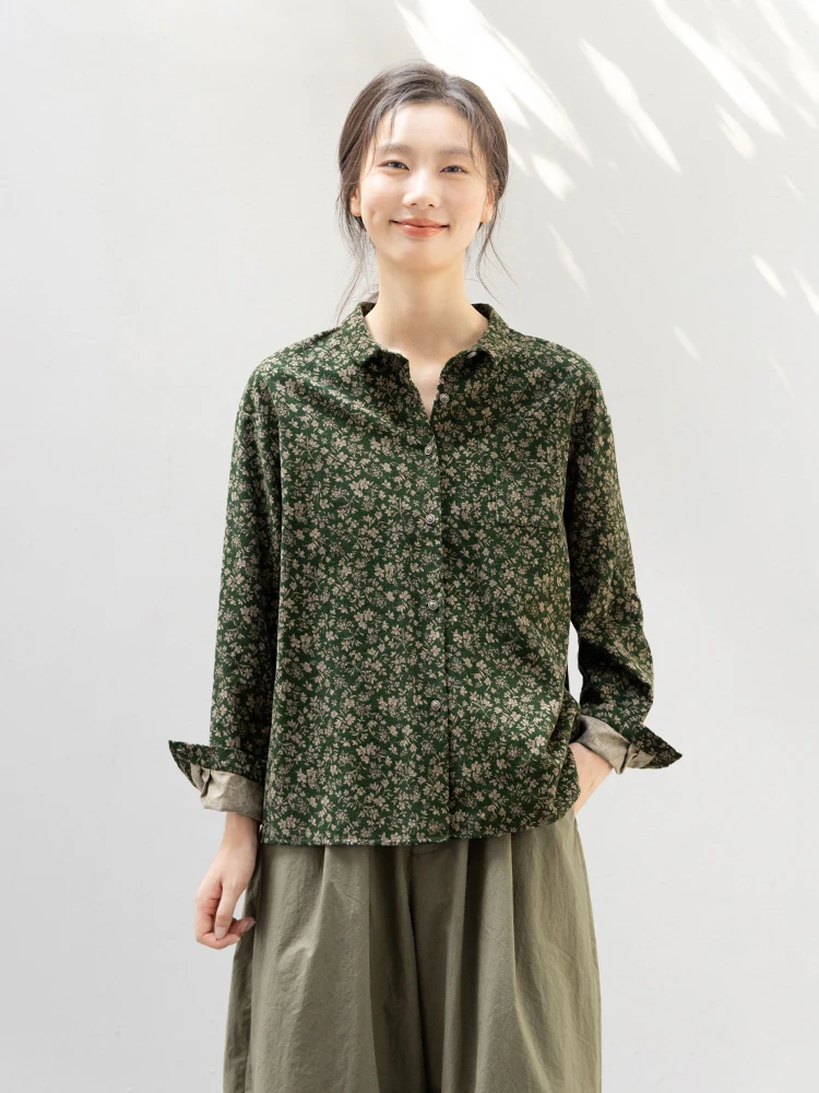 

New Le Collection Cotton Flannel Print irt Top Versatile Button-Up Artistic Sle Women's Busin Casual Long Sve Pol...