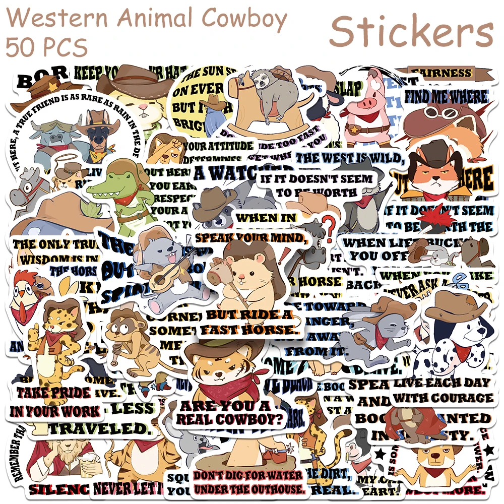 

50pcs Cartoon Western Animal Cowboy Stickers Decals For Phone Laptop Notebook Skateboard Guitar DIY Graffiti Waterproof Stickers