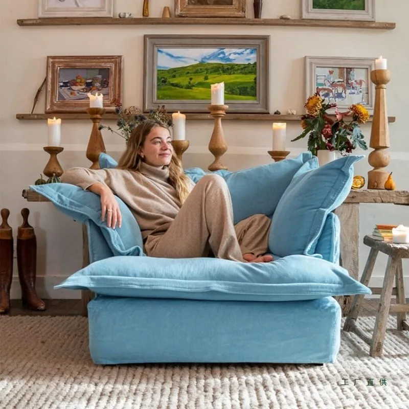 Latex small apartment sofa, simple light blue apartment in the living room, single fabric sofa in the homestay, straight row of