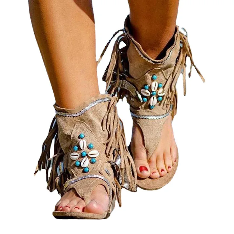 Fashion New Style Retro Women Fringe Flower Wedges Shoes 2024 Solid Flock Beach Casual Sandals Women Summer Flip Flop Sandals