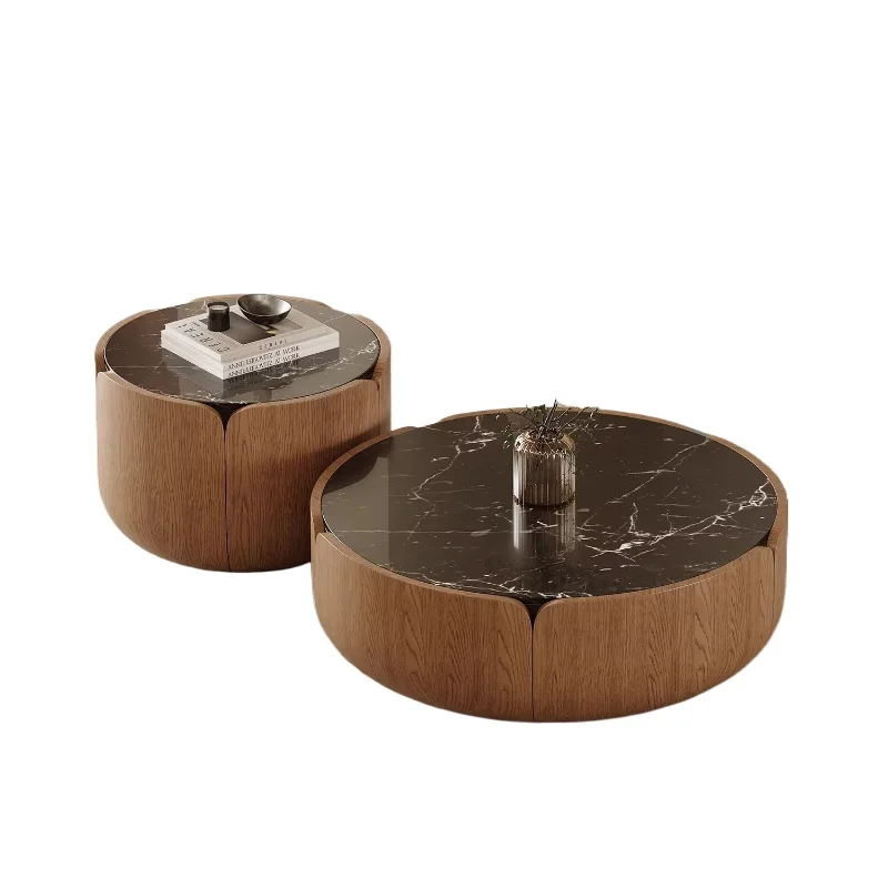 

Designer Italian minimalist round marble coffee table combination high-end walnut leather art