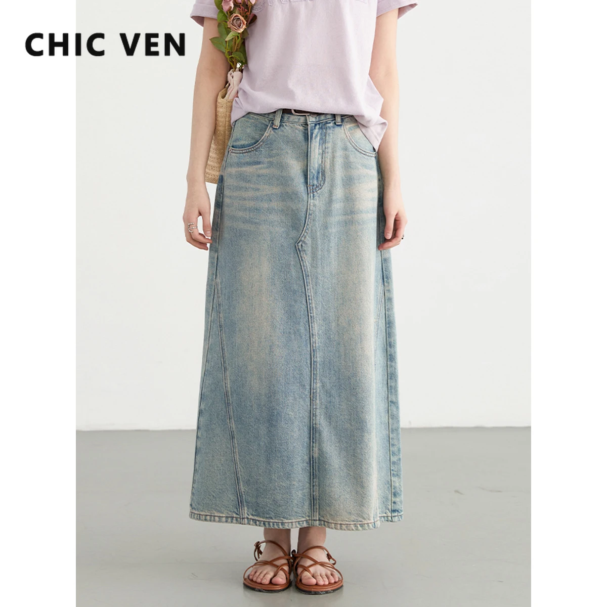 

CHIC VEN Women Skirts Korean High Waisted A-line Irregular Spliced Split Denim Skirt Fashion Female Clothing Summer New 2024