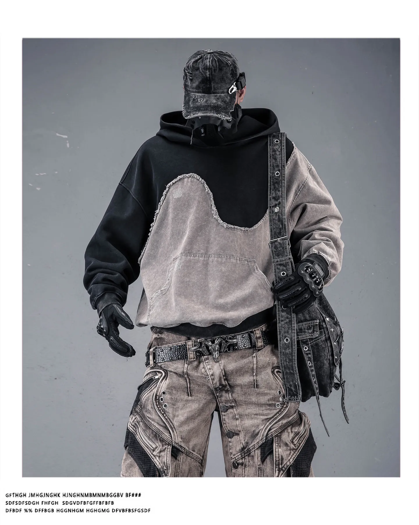Contrast Color Patchwork Techwear Style Casual Hoodies Man Autumn Tactical Function Washed Distressed Design Long Sleeve Tops