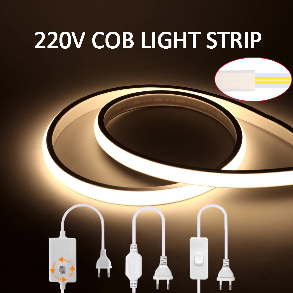 220V COB Strip Light Waterproof 288 LEDs/M Dimmable Flexible Tape High Density LED Neon Light Strip for Kitchen Garden Lighting