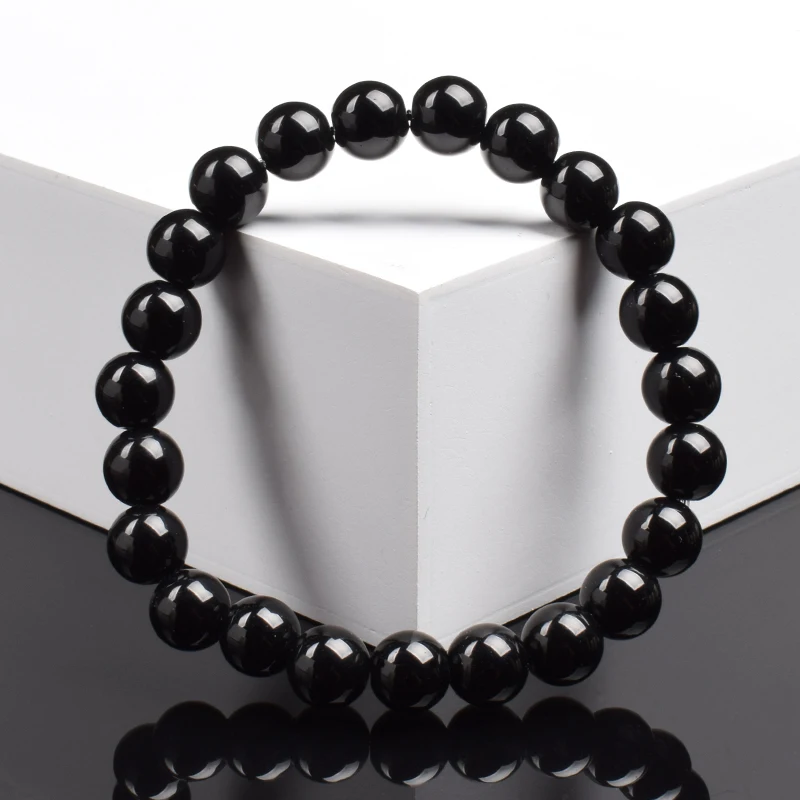 Pulsera de cuentas de ágatas negras para hombres y mujeres, piedra Natural de ónix negro genuino, cuentas redondas lisas de 6mm y 8mm, joyería de