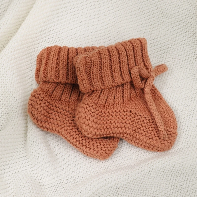 Warm Knitted Baby Socks Solid Color Newborns Handmade Knitting Shoes Short Socks with Ties for Boys Girls Unisex