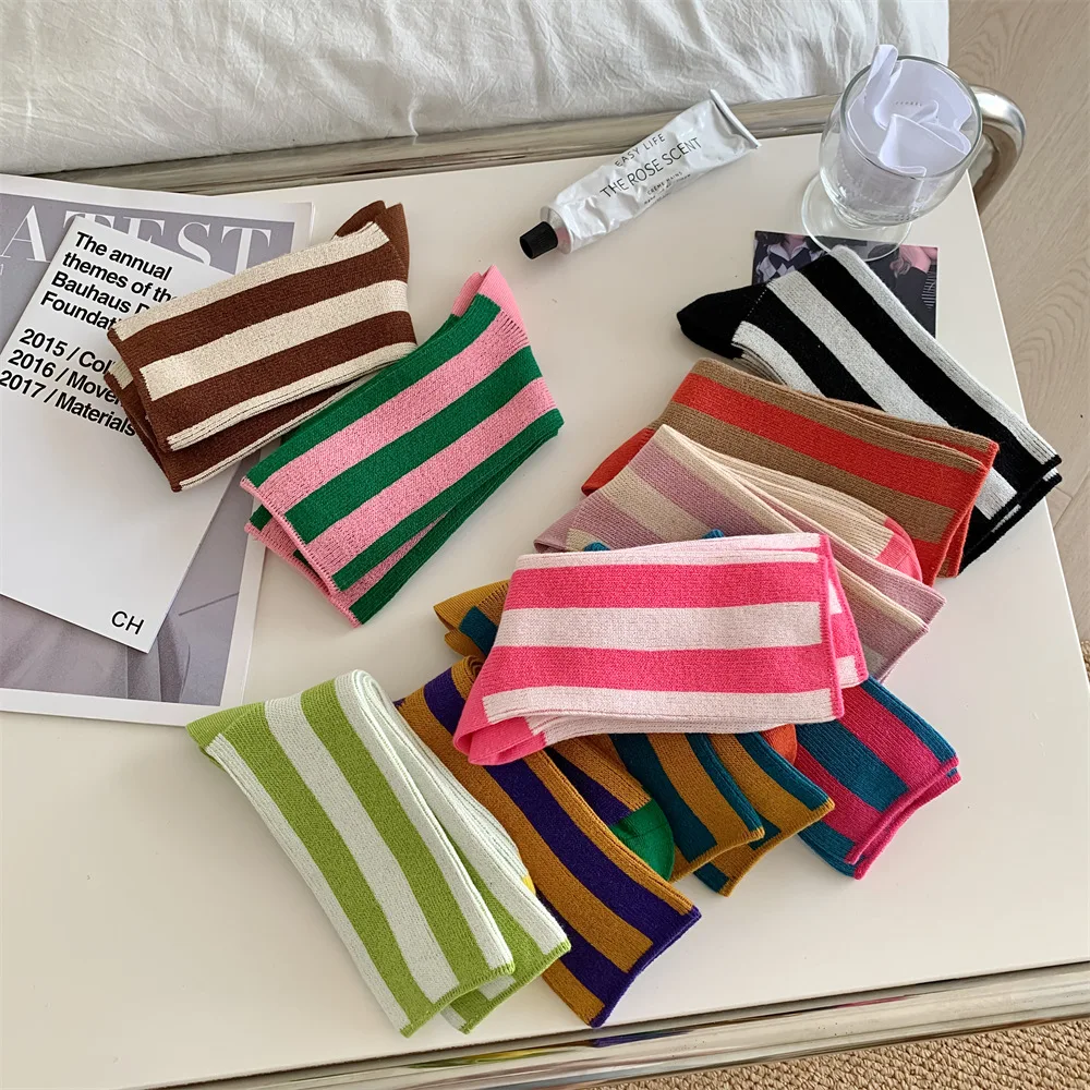 

Women Colorful Dopamine Striped Crew Socks Thick Combed Cotton Seamless Double Needle Soft Long Casual Socks