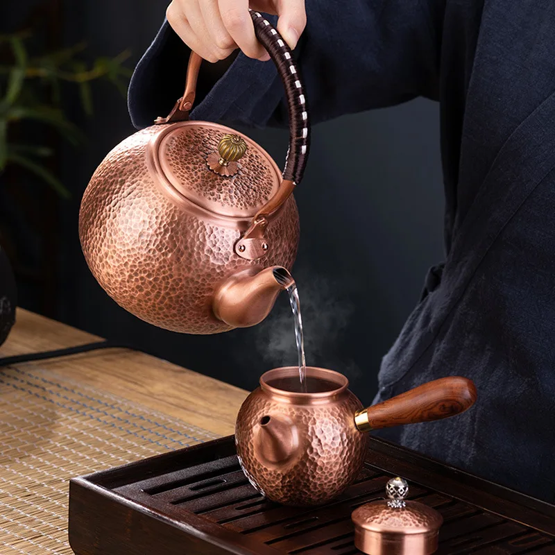 Copper Teapot Handmade Thickened Tea Pot Set Household Big Beam Pot Antique Copper Pot Tea Kettle Tea Cup Set Kung Fu Tea Set