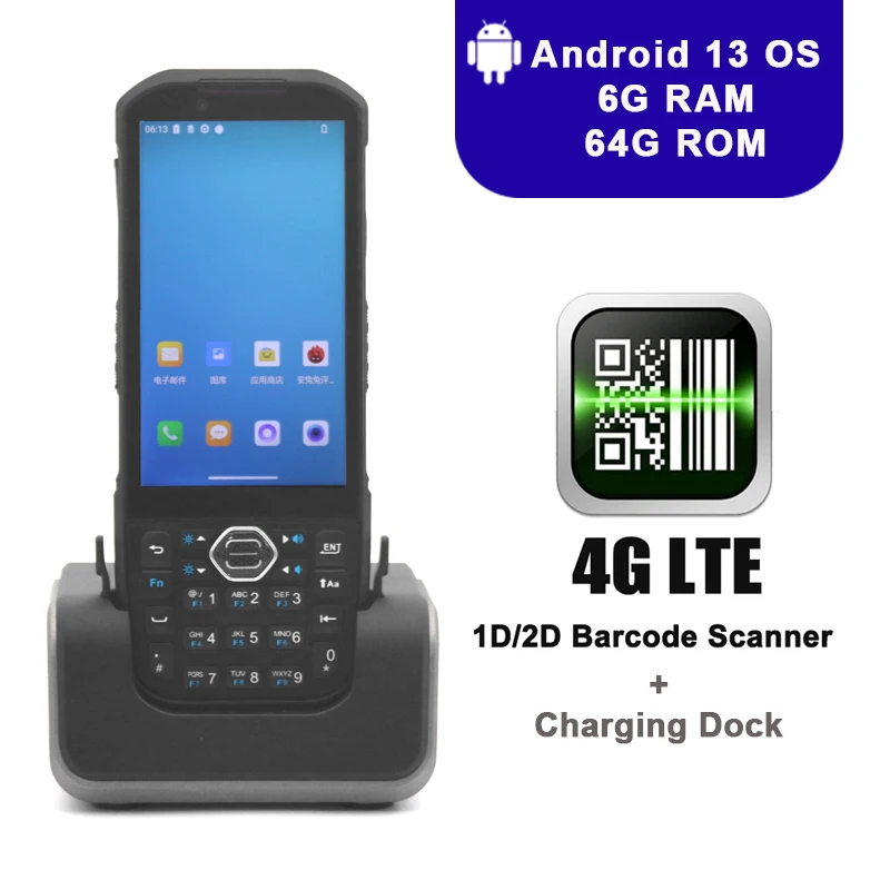Rugged PDA Handheld with 2D Barcode Scanner 4G-LTE Wifi GNSS Android 13 6G+64G Hot-swappable 5200mAh Battery for Data Collection
