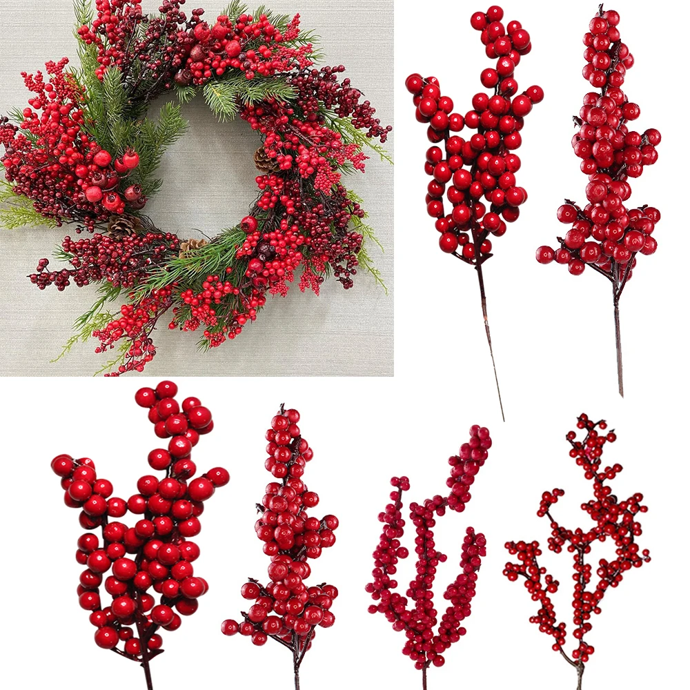 6pcs Artificial Christmas Berry Red Foam Berries Multi Type Branches For DIY Christmas Wreath Supply Xmas Tree Decorations