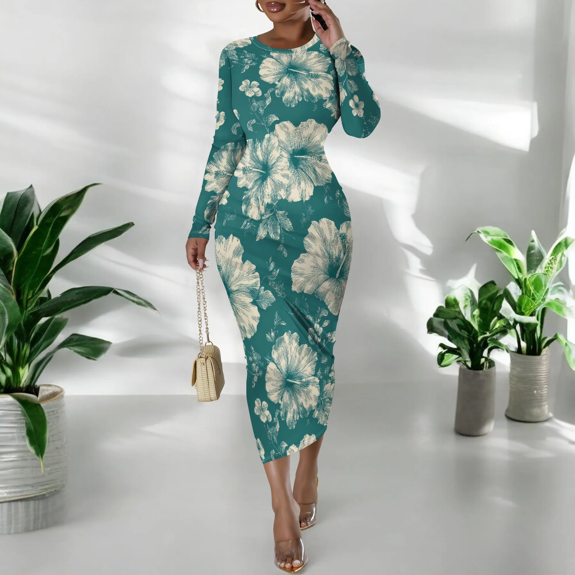 Abiti da ospite di nozze per donna Casual girocollo manica lunga autunno increspato aderente inverno trendy party club maxi abiti lunghi