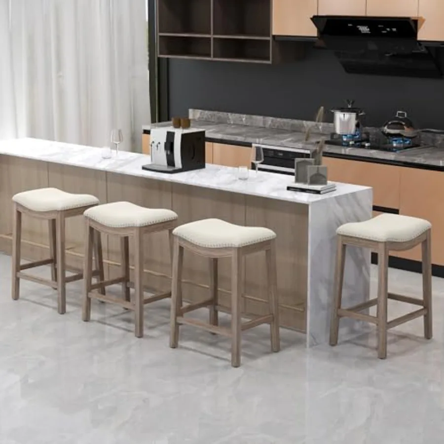 

Bar Stools Counter Height Chair Set of 4, 27" Backless Farmhouse Barstools with Wood Leg and Built-in Footrest, Nailhead Saddle