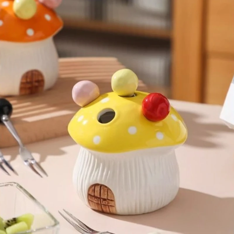 Mushroom Fruit Fork Set Household Dessert Cute Small Fork Storage Can Cartoon Fruit Insertion Sign
