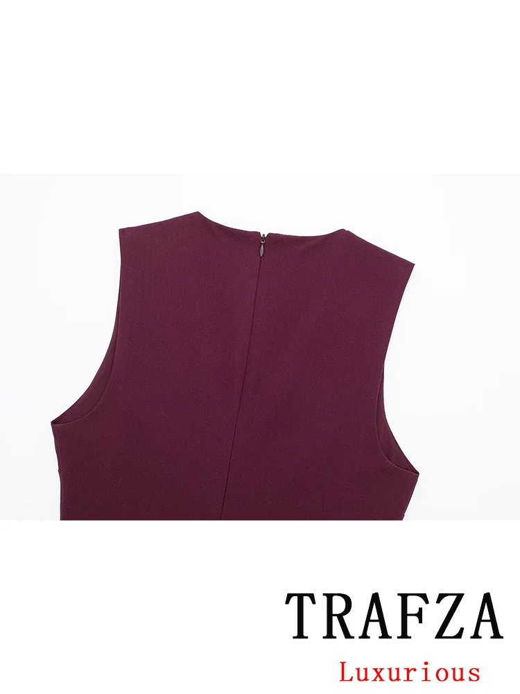 TRAFZA Vintage Casual Chic Women Dress Solid Sleeveless V-Neck Sashes Mini Dress New Fashion 2024 Autumn Winter Female Dress