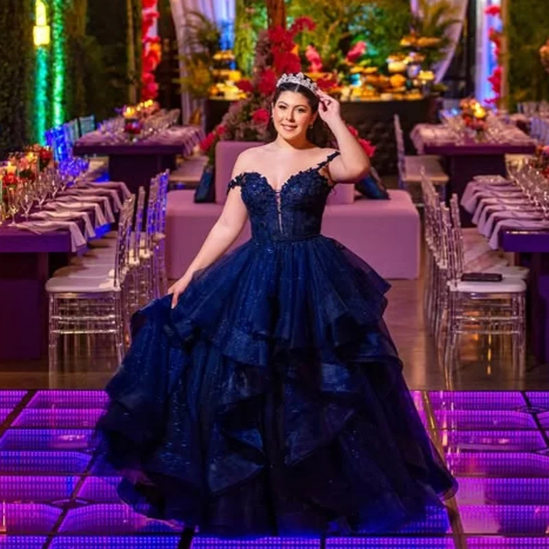 

Customized dark blue Quinceanera Dresses Off the Shoulder Tull layering Long tail applique Vestido De 15 Quinceanera