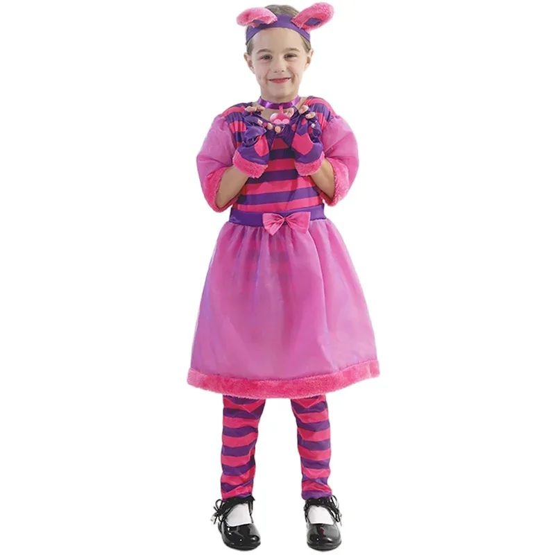 2025 22 crianças alice cosplay cheshire gato traje rosa roxo dos desenhos animados tule festa para meninas halloween fantasia vestido