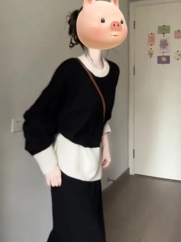 

Корейский вязаный комплект из топа и юбки: осенний модный женский удобный комплект из двух предметов средней плотности с высокой талией и длинными рукавами...