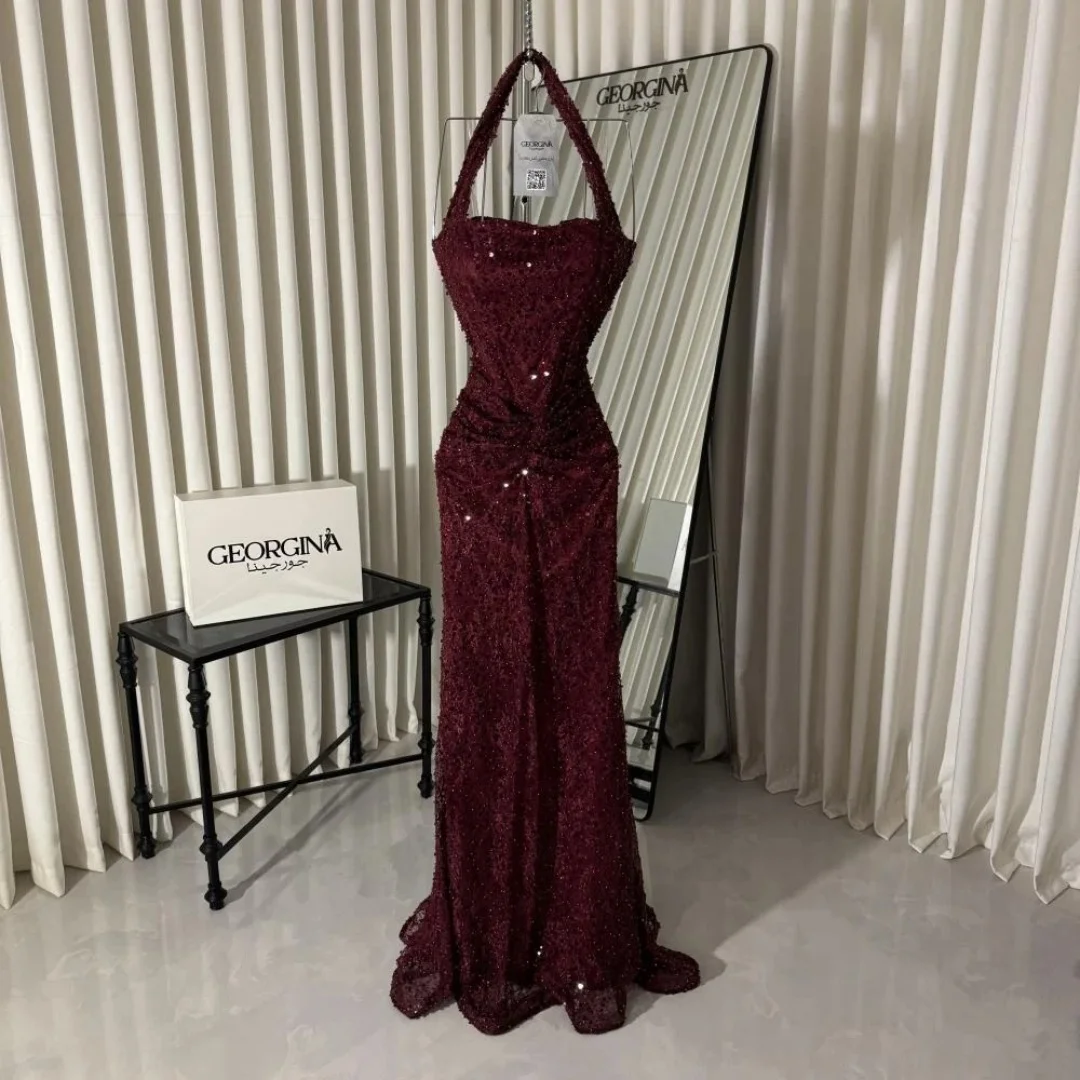 Amanda Customized Wine Red Halter Prom Dress Beaded High Waist Split Satin Lace vestidos de noche Slim Mermaid Formal Evening