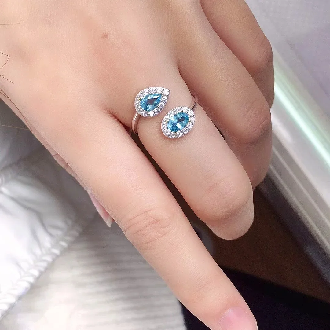 Fashion Silver Open Ring for Girl 4mm*6mm VVS Grade Natural Topaz Silver Ring 925 Silver Light Blue Topaz Ring