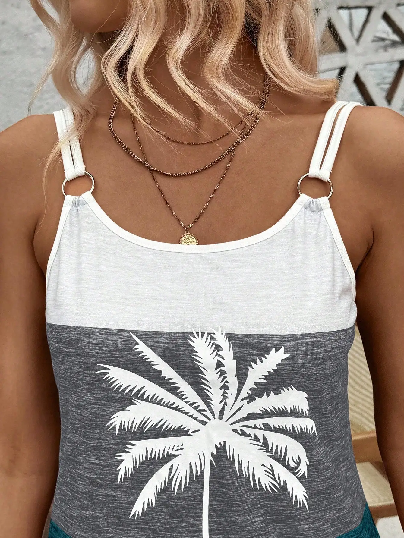 Color-Block Palm Tree Print Tank Dress with Circular Strap Detail, Beach Vacation Outfit