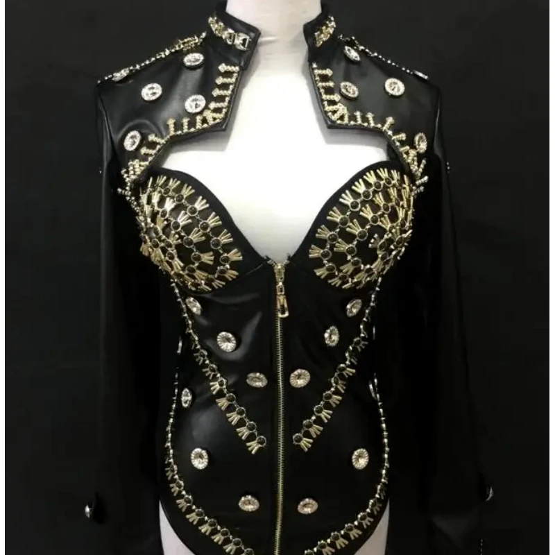 (Bodys + kurtka) Czarny zestaw nitów ze skóry PU Sexy Lady Modern Dance Costume Nightclub Bar DJ Singer Jazz Performance Stage Wears