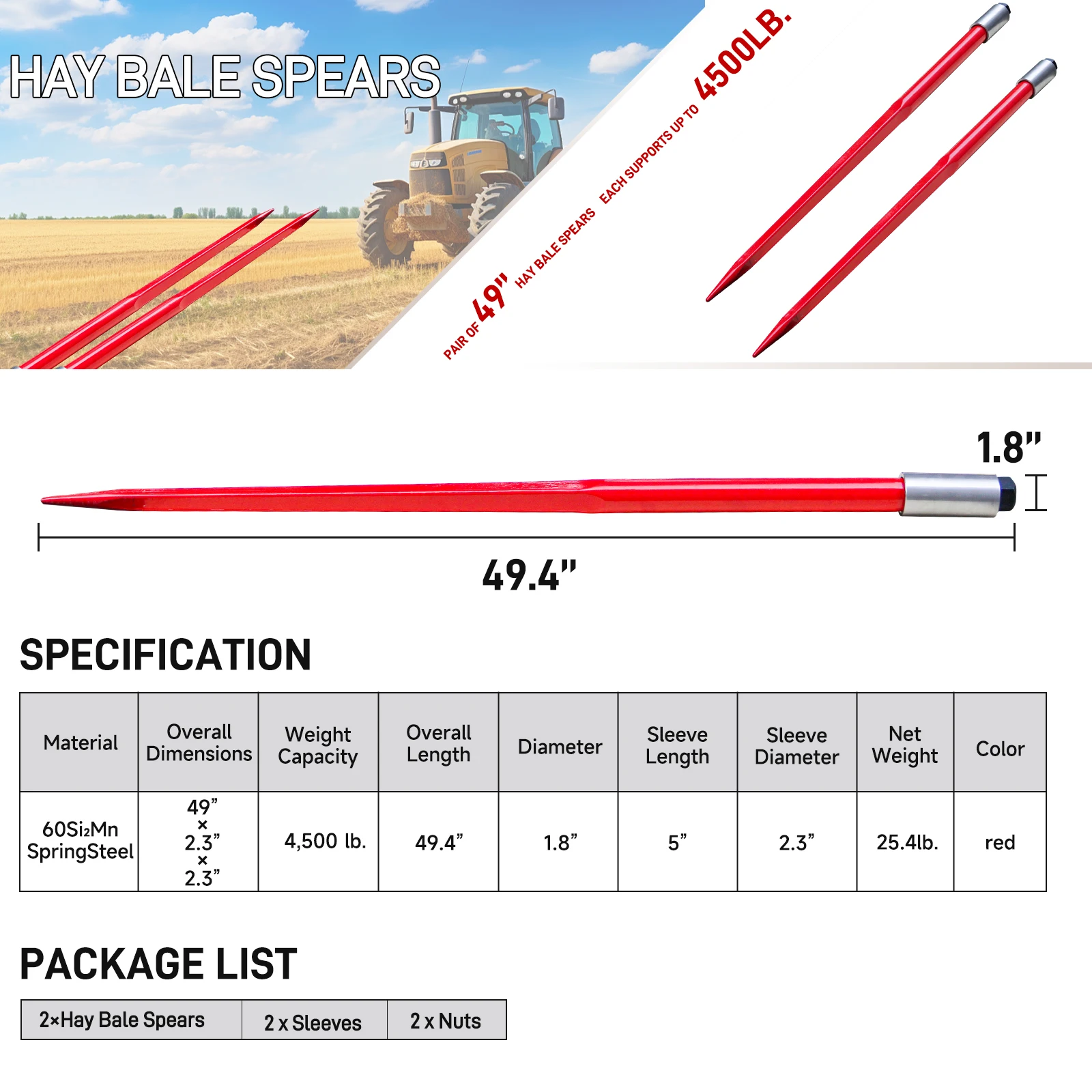 Brand new 49-inch bale fork with a load capacity of 4,000 pounds, equipped with a 2-piece skid steer loader bale fork.