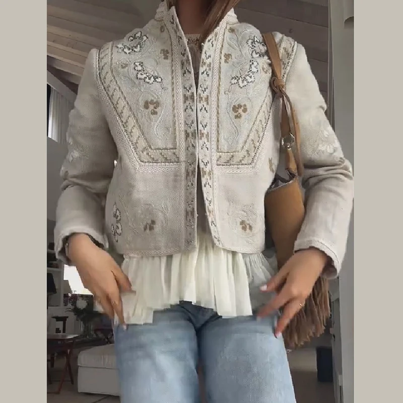 Women Stylish Vintage Stand Collar Long Sleeve Coat Vintage Floral Embroidery Cropped Jacket Female Casual Date Short Outerwear