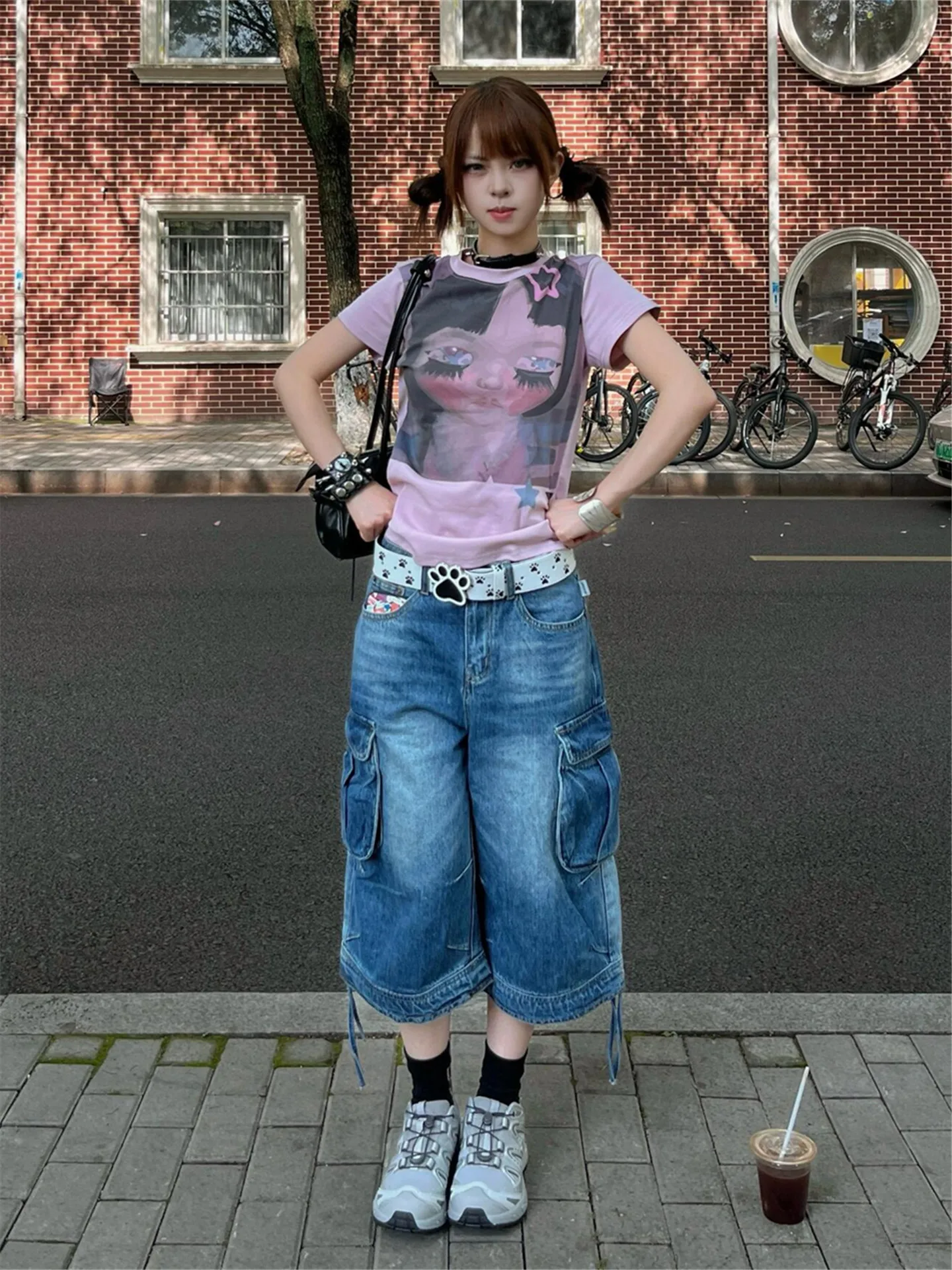 

American Retro Workwear Low Waist Seven-Five Denim Shorts Women Summer Loose Slimming Washed Drawstring Mid-Pants