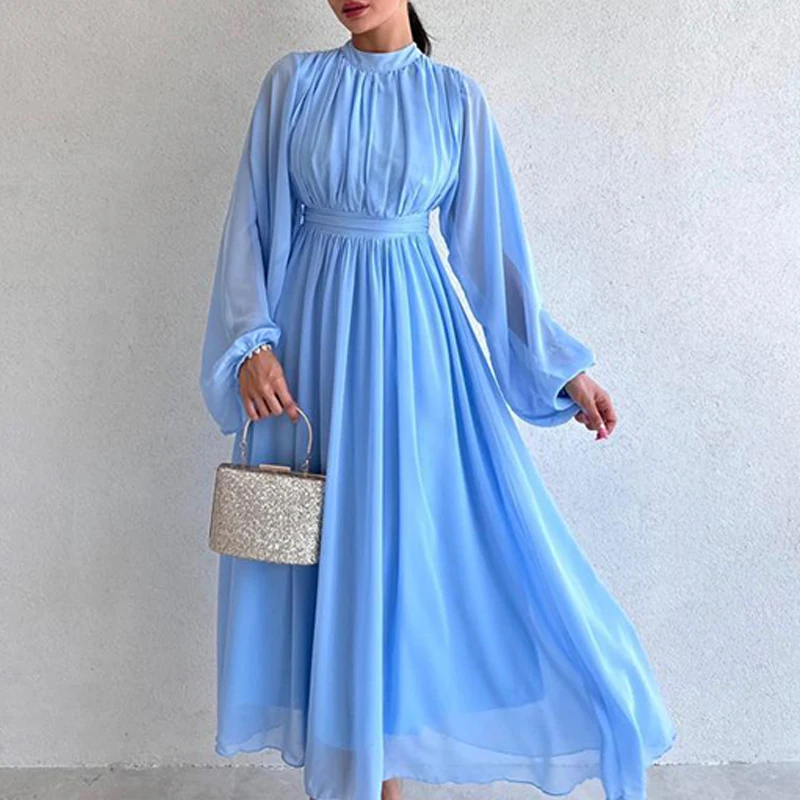 Fashion Half High Collar Mesh Maxi Dress 2024 Women Solid Pleated Bridesmaid Dress New Spring Elegant Long Sleeved Waist Dresses