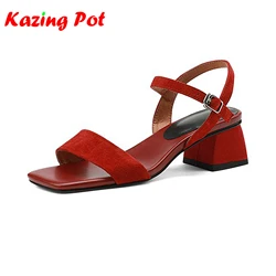 Krazing Pot Basic Clothing Kid Suede Buckle Straps Summer Shoes Chunky Med Heel European Style Office Lady Elegant Women Sandals