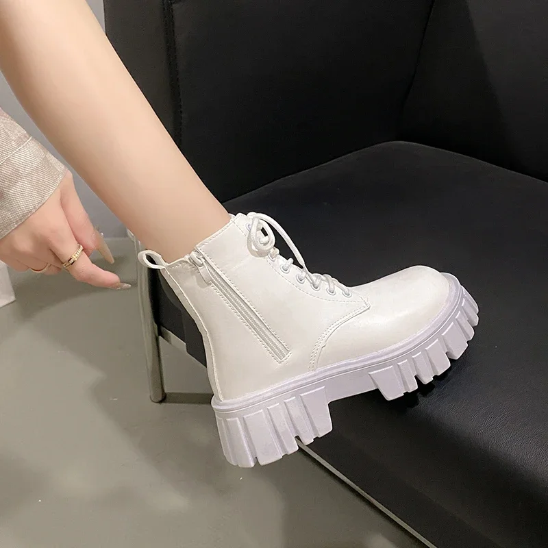 2024 White New Women Ankle Boots Autumn Winter Platform Zipper Women Punk Boots Thick Sole Lace Up Combat Booties Female Mujer