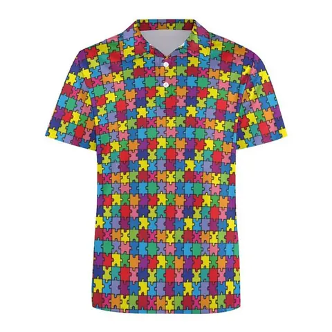 Autism Awareness Colorful Puzzle 3D Print Polo Shirt For Men Clothes Harajuku Short Sleeve Cool Street Button Lapel Tee Shirts