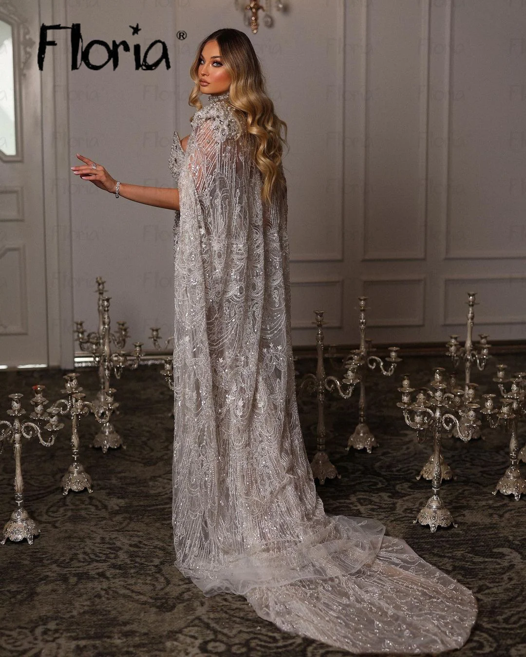 Floria White Long Cape Sleeve Two Pieces Style Evening Dresses Embroidery Lace Bridal Gowns Mermaid Luxury Wedding Prom Gowns