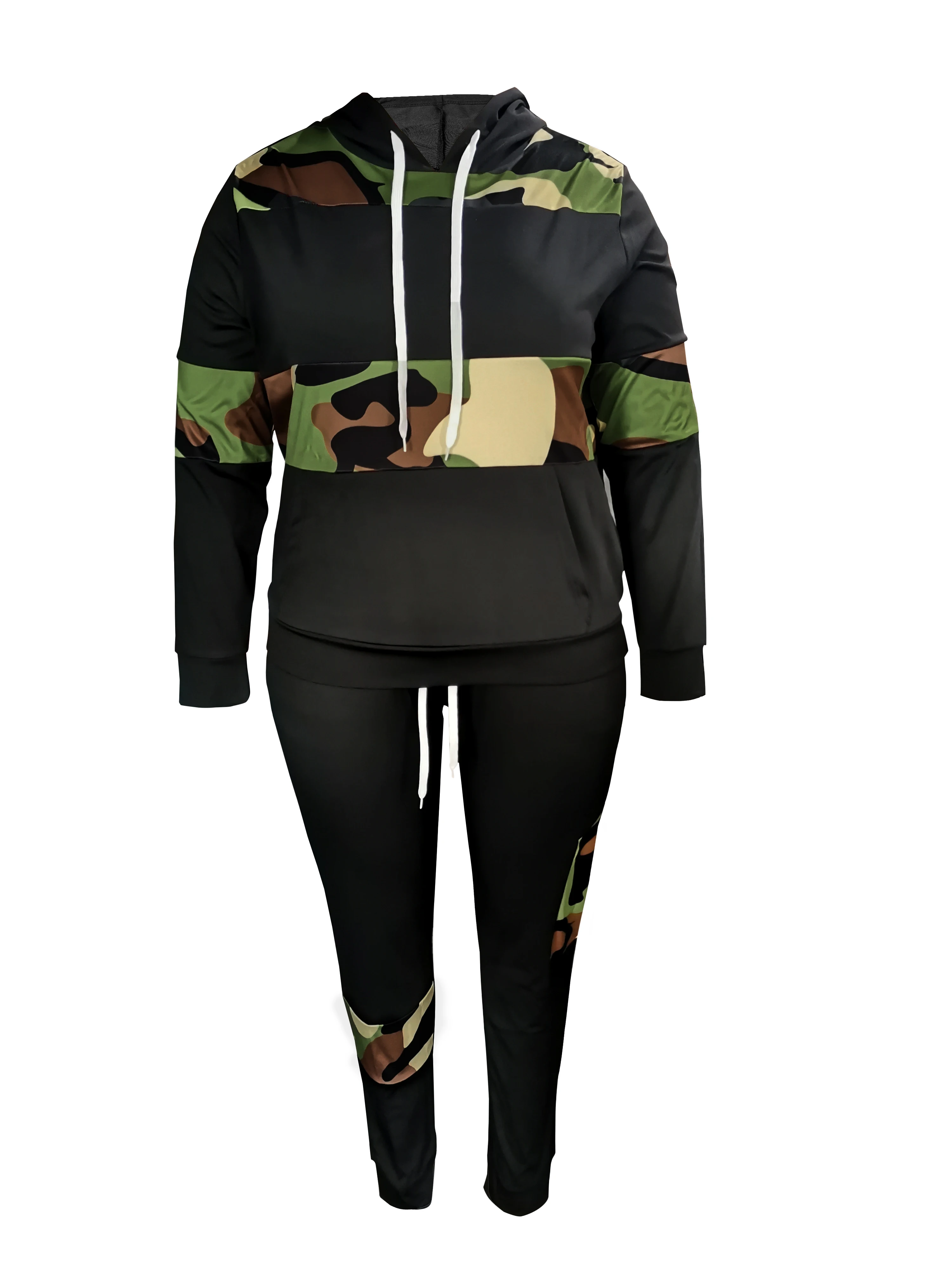 LW Camo Leopard Print Two Pieces Sportswears Autumn 2pcs Tracksuit Drawstring Matching Outfits Hooded Collar Top&Casual Trousers