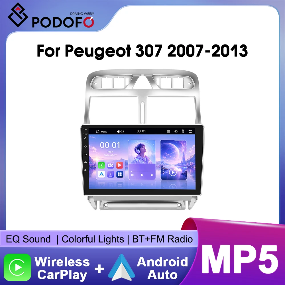 Autoradio stereo Podofo da 9 pollici per Peugeot 307 2007-2013 con CarPlay wireless, Android Auto, Bluetooth, Mirrorlink, lettore multimediale video