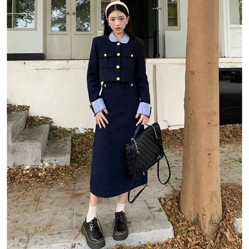 

Женское лоскутное платье в полоску с длинным рукавом, 2 шт., осень-зима, женская модная короткая куртка, пальто + искусственный костюм из двух предметов, наряд