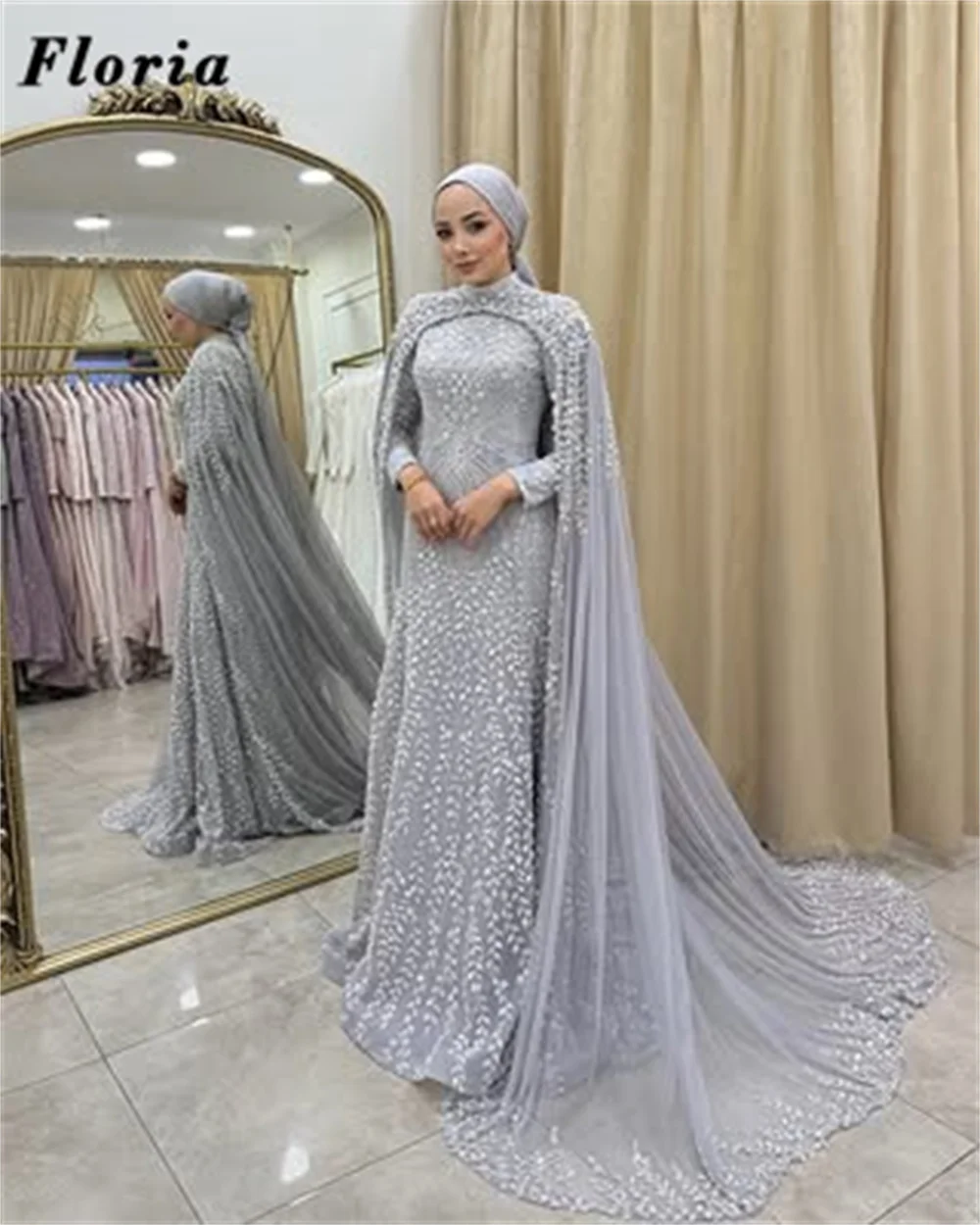 

Middle East Baby Blue Beaded Prom Dresses With Long Cape Customized 2026 Muslim Appliques Evening Dress Diamonds Party Gowns